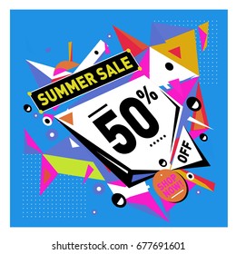 Summer sale geometric style web banner. Fashion and travel discount. Vector holiday Abstract colorful illustration with special offers and promotions.