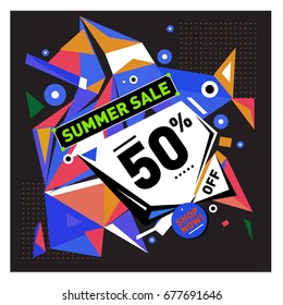 Summer sale geometric style web banner. Fashion and travel discount. Vector holiday Abstract colorful illustration with special offers and promotions.