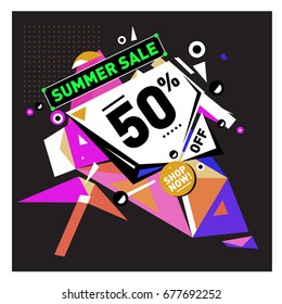 Summer sale geometric style web banner. Fashion and travel discount. Vector holiday Abstract colorful illustration with special offers and promotions.