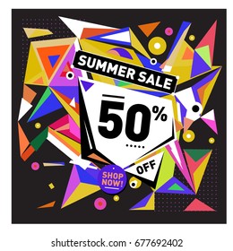 Summer sale geometric style web banner. Fashion and travel discount. Vector holiday Abstract colorful illustration with special offers and promotions.