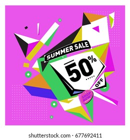 Summer sale geometric style web banner. Fashion and travel discount. Vector holiday Abstract colorful illustration with special offers and promotions.