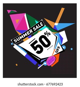 Summer sale geometric style web banner. Fashion and travel discount. Vector holiday Abstract colorful illustration with special offers and promotions.