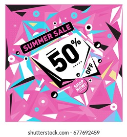 Summer sale geometric style web banner. Fashion and travel discount. Vector holiday Abstract colorful illustration with special offers and promotions.