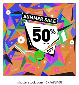 Summer sale geometric style web banner. Fashion and travel discount. Vector holiday Abstract colorful illustration with special offers and promotions.