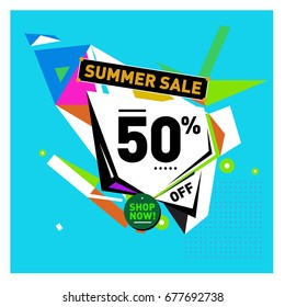 Summer sale geometric style web banner. Fashion and travel discount. Vector holiday Abstract colorful illustration with special offers and promotions.