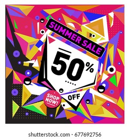 Summer sale geometric style web banner. Fashion and travel discount. Vector holiday Abstract colorful illustration with special offers and promotions.