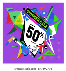 Summer sale geometric style web banner. Fashion and travel discount. Vector holiday Abstract colorful illustration with special offers and promotions.