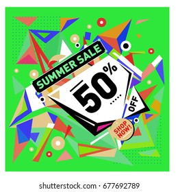 Summer sale geometric style web banner. Fashion and travel discount. Vector holiday Abstract colorful illustration with special offers and promotions.