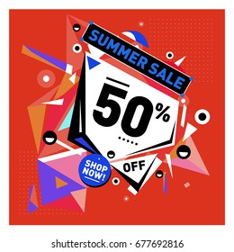 Summer sale geometric style web banner. Fashion and travel discount. Vector holiday Abstract colorful illustration with special offers and promotions.