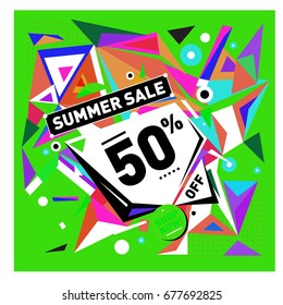 Summer sale geometric style web banner. Fashion and travel discount. Vector holiday Abstract colorful illustration with special offers and promotions.