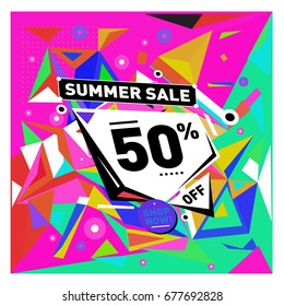 Summer sale geometric style web banner. Fashion and travel discount. Vector holiday Abstract colorful illustration with special offers and promotions.