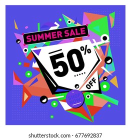 Summer sale geometric style web banner. Fashion and travel discount. Vector holiday Abstract colorful illustration with special offers and promotions.