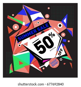 Summer sale geometric style web banner. Fashion and travel discount. Vector holiday Abstract colorful illustration with special offers and promotions.
