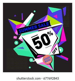 Summer sale geometric style web banner. Fashion and travel discount. Vector holiday Abstract colorful illustration with special offers and promotions.