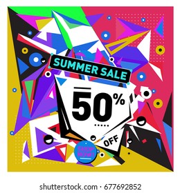 Summer sale geometric style web banner. Fashion and travel discount. Vector holiday Abstract colorful illustration with special offers and promotions.