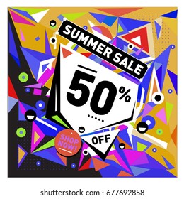 Summer sale geometric style web banner. Fashion and travel discount. Vector holiday Abstract colorful illustration with special offers and promotions.