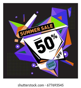 Summer sale geometric style web banner. Fashion and travel discount. Vector holiday Abstract colorful illustration with special offers and promotions.