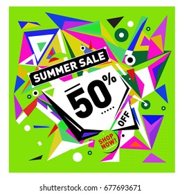 Summer sale geometric style web banner. Fashion and travel discount. Vector holiday Abstract colorful illustration with special offers and promotions.