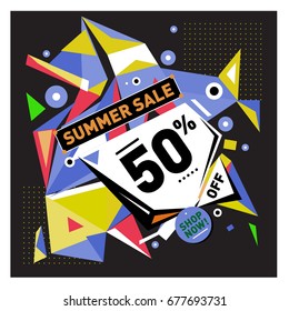 Summer sale geometric style web banner. Fashion and travel discount. Vector holiday Abstract colorful illustration with special offers and promotions.