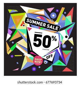 Summer sale geometric style web banner. Fashion and travel discount. Vector holiday Abstract colorful illustration with special offers and promotions.