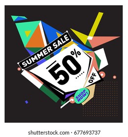 Summer sale geometric style web banner. Fashion and travel discount. Vector holiday Abstract colorful illustration with special offers and promotions.