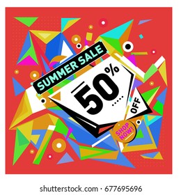 Summer sale geometric style web banner. Fashion and travel discount. Vector holiday Abstract colorful illustration with special offers and promotions.