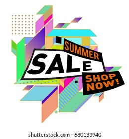 Summer sale geometric style web banner. Fashion and travel discount. Vector holiday Abstract colorful illustration with special offers and promotion.