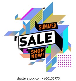 Summer sale geometric style web banner. Fashion and travel discount. Vector holiday Abstract colorful illustration with special offers and promotion.