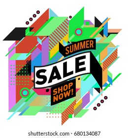 Summer sale geometric style web banner. Fashion and travel discount. Vector holiday Abstract colorful illustration with special offers and promotion.