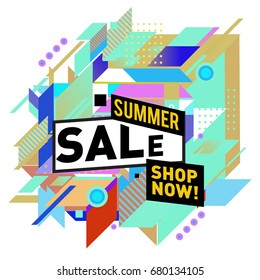 Summer sale geometric style web banner. Fashion and travel discount. Vector holiday Abstract colorful illustration with special offers and promotion.