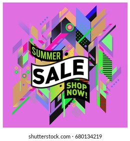 Summer sale geometric style web banner. Fashion and travel discount. Vector holiday Abstract colorful illustration with special offers and promotion.