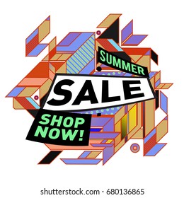 Summer sale geometric style web banner. Fashion and travel discount. Vector holiday Abstract colorful illustration with special offers and promotion.