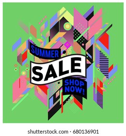 Summer sale geometric style web banner. Fashion and travel discount. Vector holiday Abstract colorful illustration with special offers and promotion.
