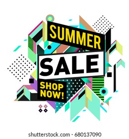 Summer sale geometric style web banner. Fashion and travel discount. Vector holiday Abstract colorful illustration with special offers and promotion.