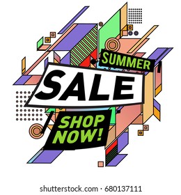 Summer sale geometric style web banner. Fashion and travel discount. Vector holiday Abstract colorful illustration with special offers and promotion.