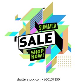 Summer sale geometric style web banner. Fashion and travel discount. Vector holiday Abstract colorful illustration with special offers and promotion.