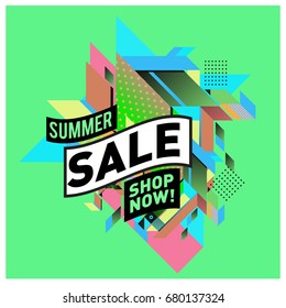 Summer sale geometric style web banner. Fashion and travel discount. Vector holiday Abstract colorful illustration with special offers and promotion.