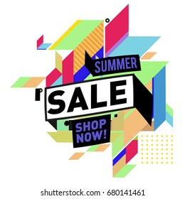 Summer sale geometric style web banner. Fashion and travel discount. Vector holiday Abstract colorful illustration with special offers and promotion.