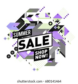 Summer sale geometric style web banner. Fashion and travel discount. Vector holiday Abstract colorful illustration with special offers and promotion.