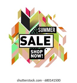 Summer sale geometric style web banner. Fashion and travel discount. Vector holiday Abstract colorful illustration with special offers and promotion.