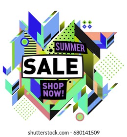 Summer sale geometric style web banner. Fashion and travel discount. Vector holiday Abstract colorful illustration with special offers and promotion.
