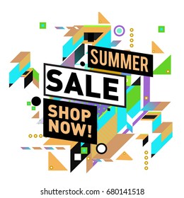 Summer sale geometric style web banner. Fashion and travel discount. Vector holiday Abstract colorful illustration with special offers and promotion.