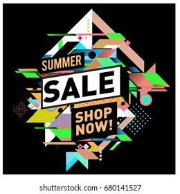 Summer sale geometric style web banner. Fashion and travel discount. Vector holiday Abstract colorful illustration with special offers and promotion.