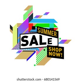 Summer sale geometric style web banner. Fashion and travel discount. Vector holiday Abstract colorful illustration with special offers and promotion.
