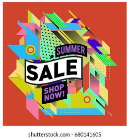 Summer sale geometric style web banner. Fashion and travel discount. Vector holiday Abstract colorful illustration with special offers and promotion.