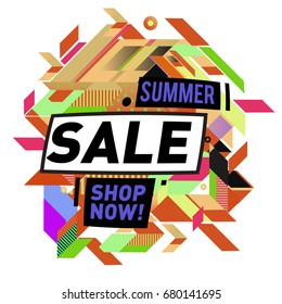Summer sale geometric style web banner. Fashion and travel discount. Vector holiday Abstract colorful illustration with special offers and promotion.
