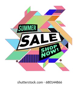 Summer sale geometric style web banner. Fashion and travel discount. Vector holiday Abstract colorful illustration with special offers and promotion.