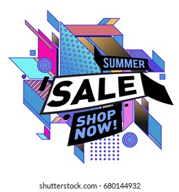 Summer sale geometric style web banner. Fashion and travel discount. Vector holiday Abstract colorful illustration with special offers and promotion.