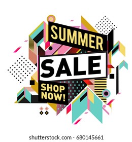 Summer sale geometric style web banner. Fashion and travel discount. Vector holiday Abstract colorful illustration with special offers and promotion.