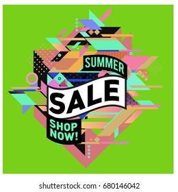 Summer sale geometric style web banner. Fashion and travel discount. Vector holiday Abstract colorful illustration with special offers and promotion.
